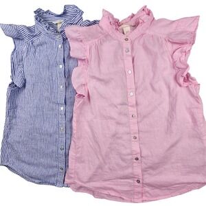 H&M Ruffle Trimmed Linen Blend Poplin Button Down Blouse Sleeveless XS 2 pc Boho